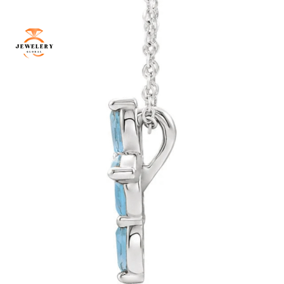 14KT GOLD 0.35 CTW MARQUISE AQUAMARINE PETITE CROSS NECKLACE - Image 2