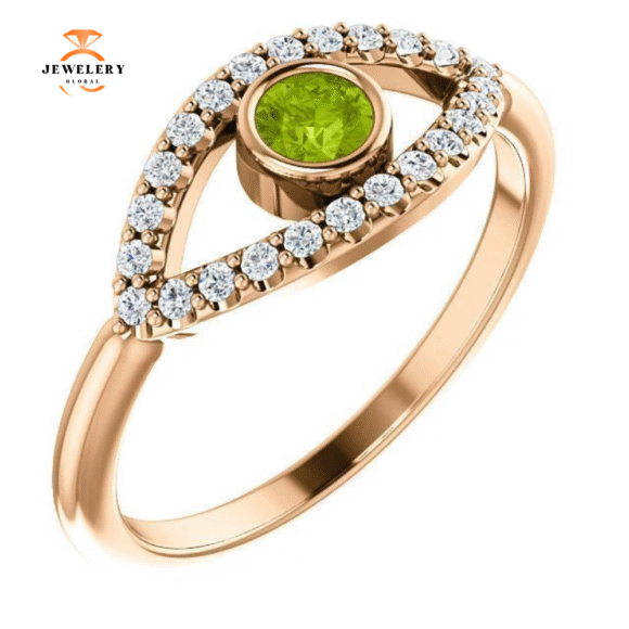 14KT GOLD 0.22 CT PERIDOT & 0.48 CTW WHITE SAPPHIRE EVIL EYE RING - Image 5