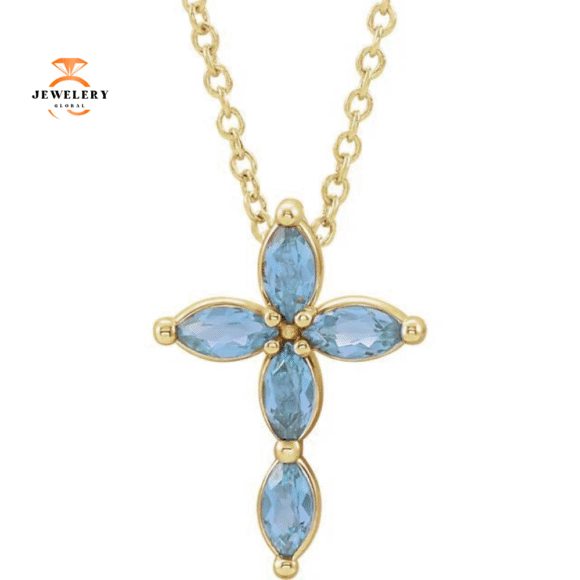 14KT GOLD 0.35 CTW MARQUISE AQUAMARINE PETITE CROSS NECKLACE - Image 5