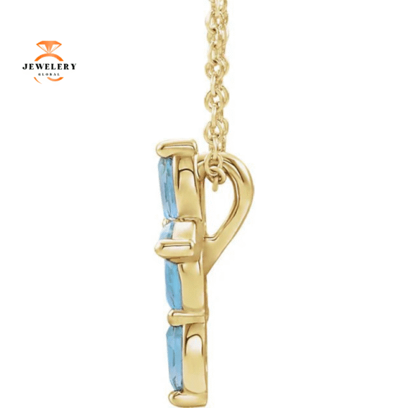 14KT GOLD 0.35 CTW MARQUISE AQUAMARINE PETITE CROSS NECKLACE - Image 6