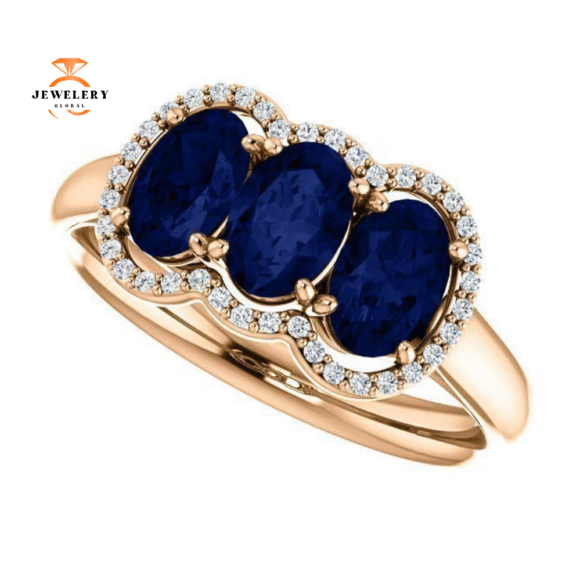 14KT GOLD 2.10 CTW SAPPHIRE & 0.10 CTW DIAMOND 3 STONE OVAL HALO RING - Image 5