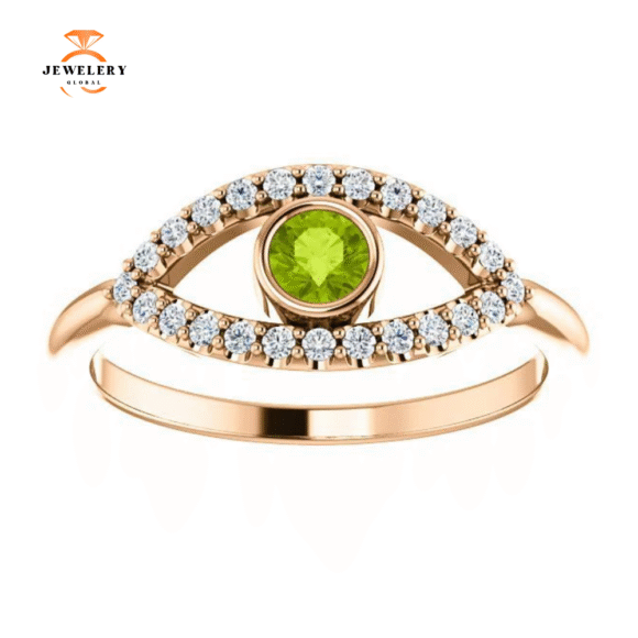 14KT GOLD 0.22 CT PERIDOT & 0.48 CTW WHITE SAPPHIRE EVIL EYE RING - Image 7