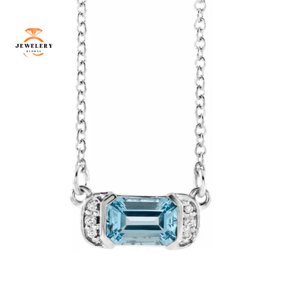14KT GOLD 0.50 CT AQUAMARINE & .04 CTW DIAMOND NECKLACE