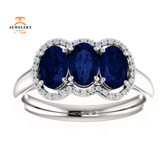 14KT GOLD 2.10 CTW SAPPHIRE & 0.10 CTW DIAMOND 3 STONE OVAL HALO RING - Image 9