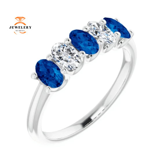 14KT GOLD 1.05 CTW SAPPHIRE & 0.50 CTW DIAMOND OVAL 5 STONE BAND