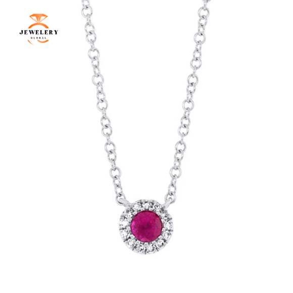 14KT GOLD 0.14 CT RUBY & 0.04 CTW DIAMOND PETITE HALO NECKLACE - Image 2