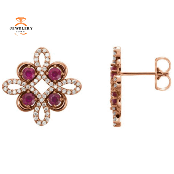 14KT GOLD RUBY & 1/4 CTW DIAMOND CLOVER EARRINGS