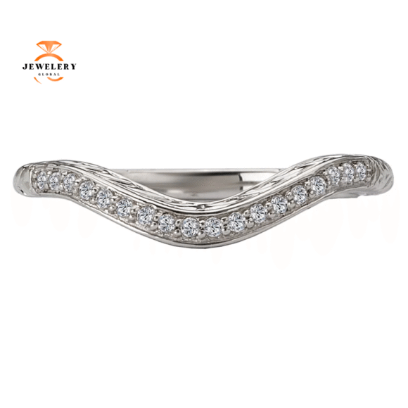 14KT White Gold .09 CTW Vintage Curved Engraved Wedding Band - Image 2