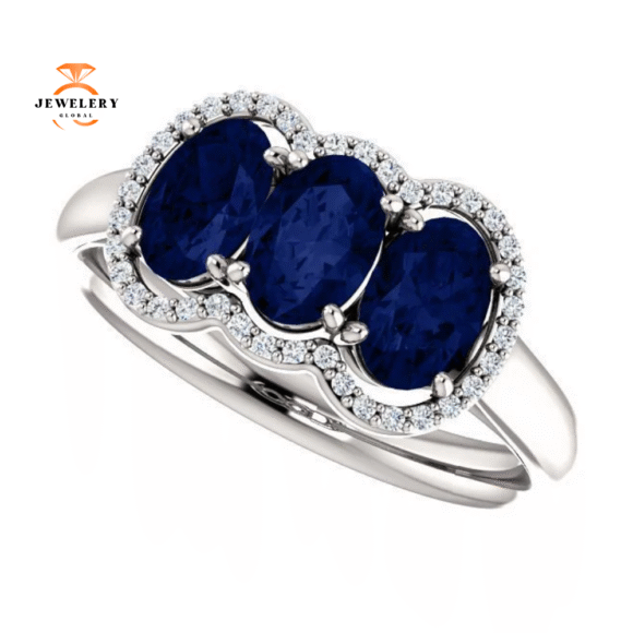 14KT GOLD 2.10 CTW SAPPHIRE & 0.10 CTW DIAMOND 3 STONE OVAL HALO RING - Image 11