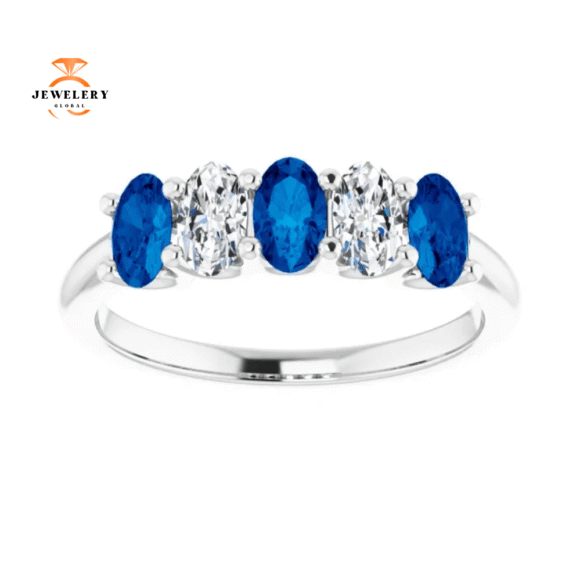 14KT GOLD 1.05 CTW SAPPHIRE & 0.50 CTW DIAMOND OVAL 5 STONE BAND - Image 3