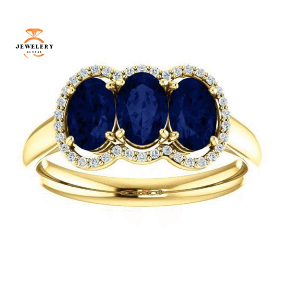 14KT GOLD 2.10 CTW SAPPHIRE & 0.10 CTW DIAMOND 3 STONE OVAL HALO RING - Image 14