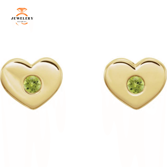 14KT GOLD 0.10 CTW ROUND PERIDOT HEART EARRINGS - Image 6