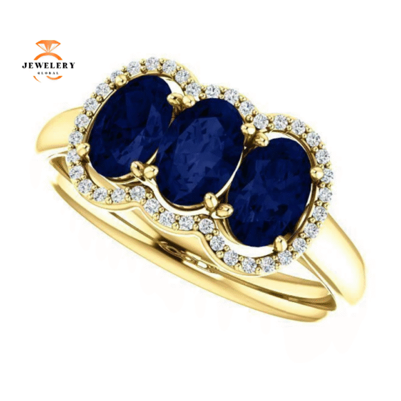 14KT GOLD 2.10 CTW SAPPHIRE & 0.10 CTW DIAMOND 3 STONE OVAL HALO RING - Image 16