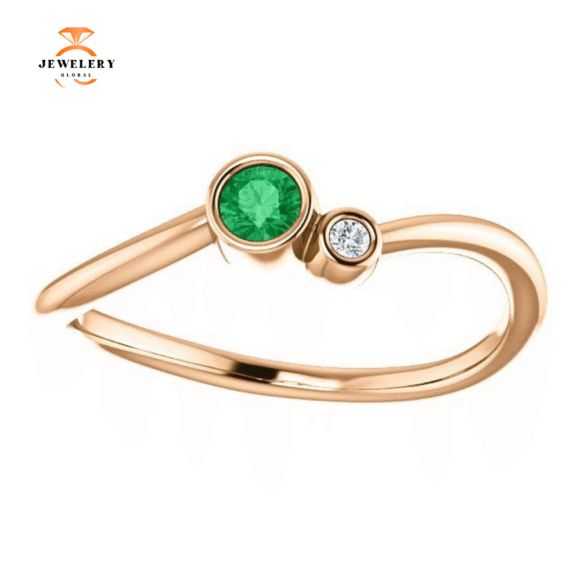 14KT GOLD 0.11 CT EMERALD & .02 CTW DIAMOND BEZEL-SET 2 STONE RING