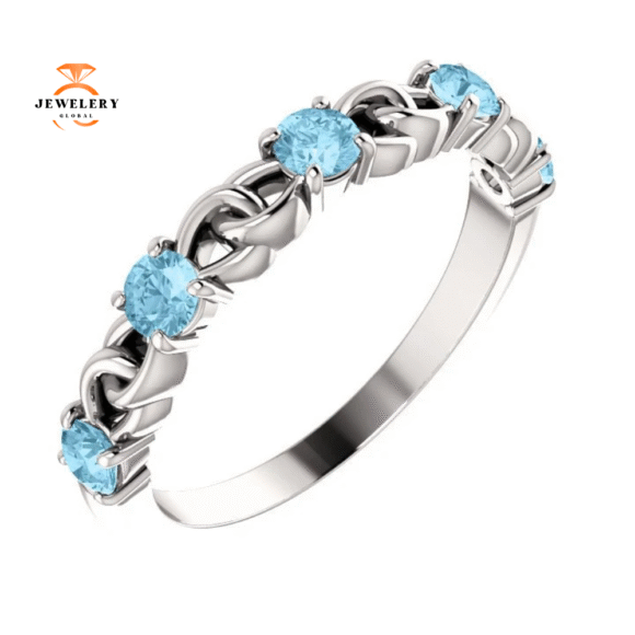 14KT GOLD 0.50 CTW AQUAMARINE STACKABLE LINK RING - Image 9