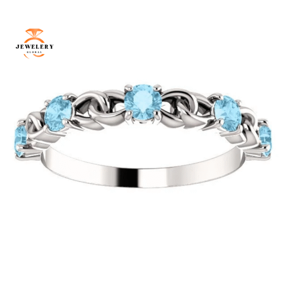 14KT GOLD 0.50 CTW AQUAMARINE STACKABLE LINK RING - Image 11