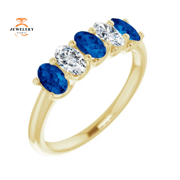 14KT GOLD 1.05 CTW SAPPHIRE & 0.50 CTW DIAMOND OVAL 5 STONE BAND - Image 10