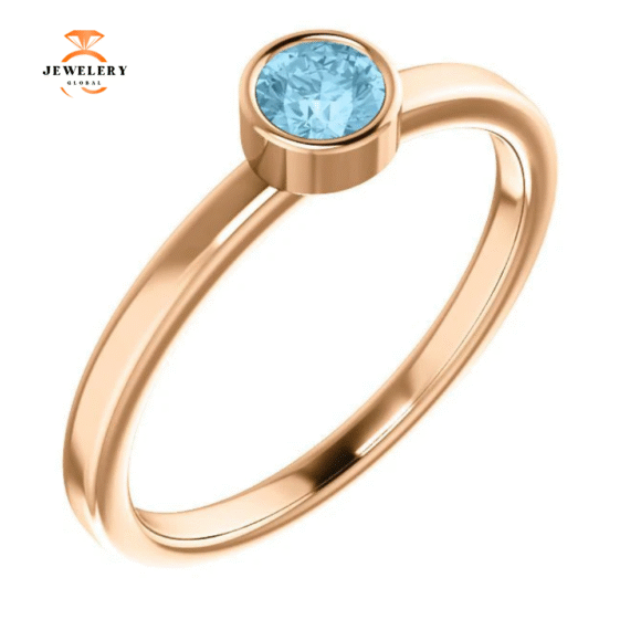 14KT GOLD 0.23 CT ROUND AQUAMARINE BEZEL-SET RING
