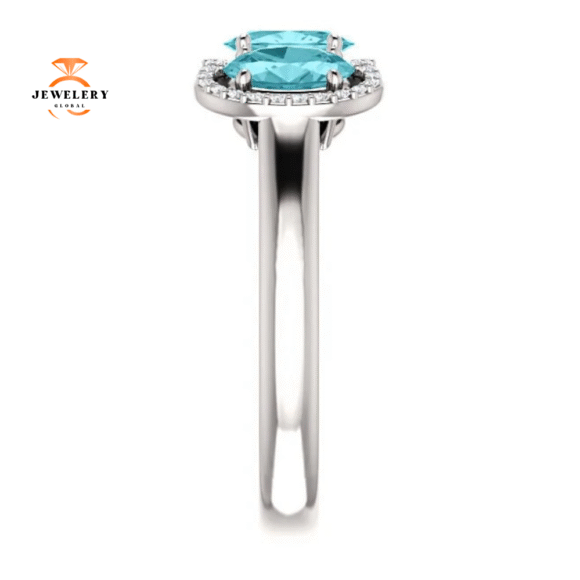 14KT GOLD 2.25 CTW BLUE ZIRCON & 0.10 CTW DIAMOND 3 STONE OVAL HALO RING - Image 4