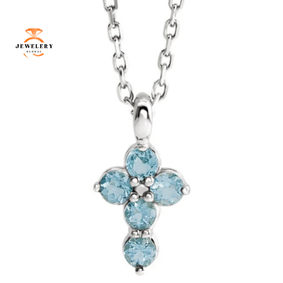14KT GOLD AQUAMARINE PETITE CROSS PENDANT 16-18" NECKLACE