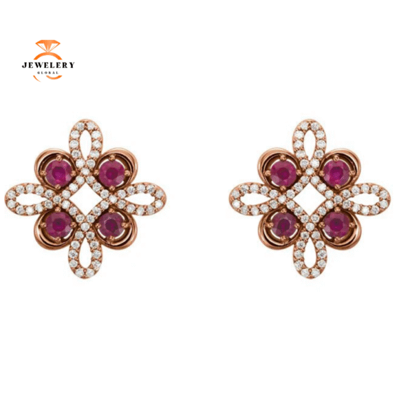 14KT GOLD RUBY & 1/4 CTW DIAMOND CLOVER EARRINGS - Image 2