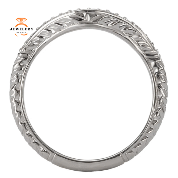 14KT White Gold .09 CTW Vintage Curved Engraved Wedding Band - Image 3