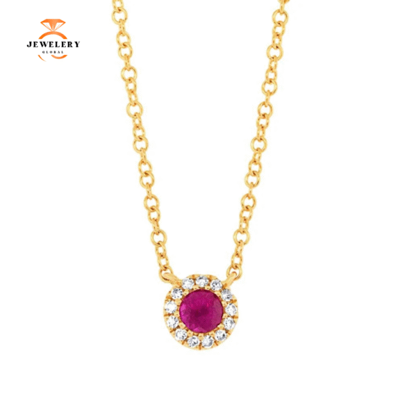 14KT GOLD 0.14 CT RUBY & 0.04 CTW DIAMOND PETITE HALO NECKLACE - Image 6