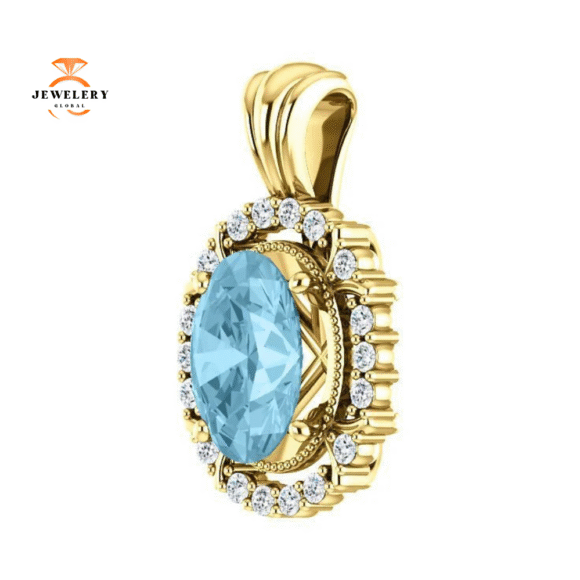 14KT GOLD 1.70 CT AQUAMARINE & .17 CTW DIAMOND OVAL HALO PENDANT - Image 2