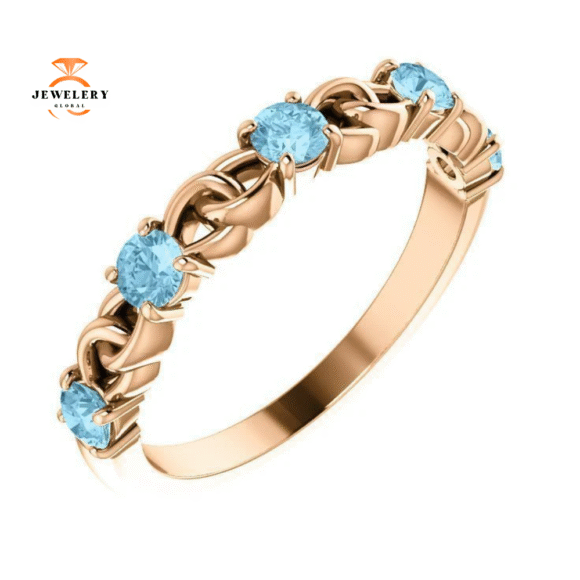 14KT GOLD 0.50 CTW AQUAMARINE STACKABLE LINK RING - Image 5