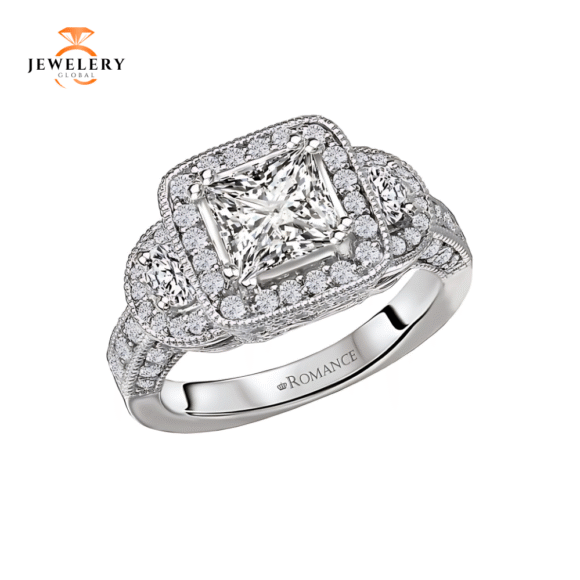14KT 1.00 CTW DIAMOND 3 STONE HALO SETTING FOR 0.75-1.00 CT PRINCESS CUT