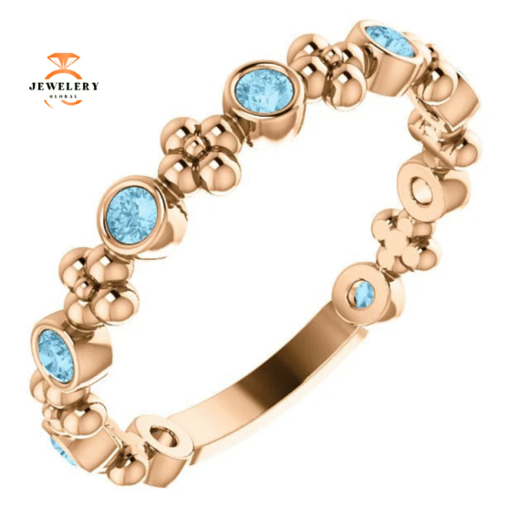 14KT GOLD 0.36 CTW ROUND AQUAMARINE BEZEL-SET BEADED FLORAL RING - Image 9