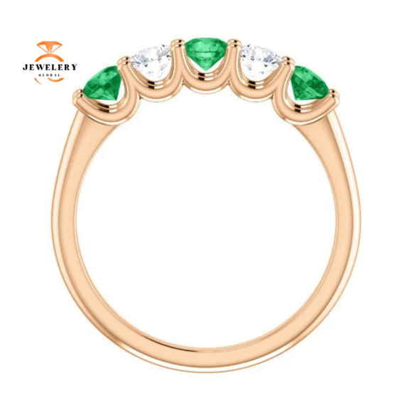 14KT GOLD 0.50 CTW EMERALD & 0.45 CTW DIAMOND 5 STONE BAND - Image 2