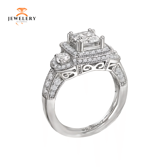 14KT 1.00 CTW DIAMOND 3 STONE HALO SETTING FOR 0.75-1.00 CT PRINCESS CUT - Image 3