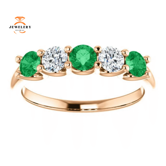 14KT GOLD 0.50 CTW EMERALD & 0.45 CTW DIAMOND 5 STONE BAND - Image 3