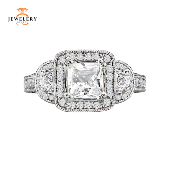 14KT 1.00 CTW DIAMOND 3 STONE HALO SETTING FOR 0.75-1.00 CT PRINCESS CUT - Image 2