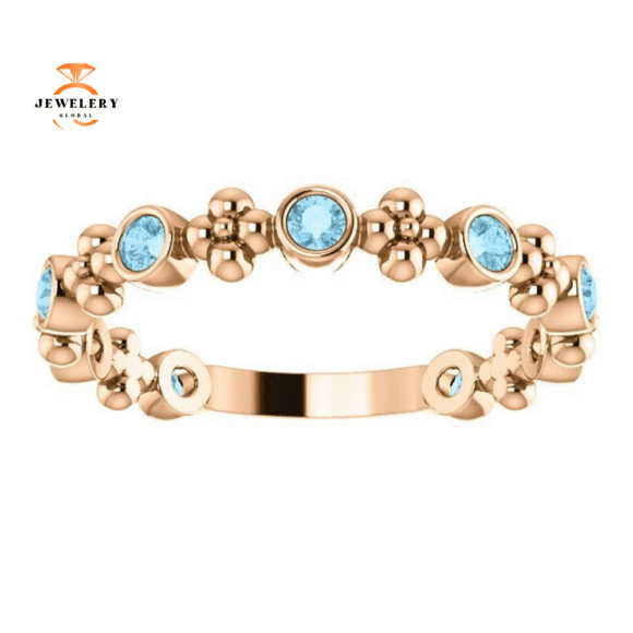 14KT GOLD 0.36 CTW ROUND AQUAMARINE BEZEL-SET BEADED FLORAL RING - Image 11