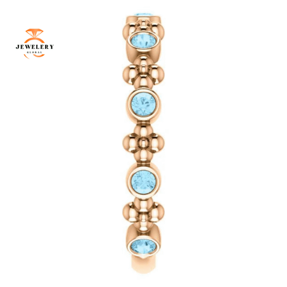 14KT GOLD 0.36 CTW ROUND AQUAMARINE BEZEL-SET BEADED FLORAL RING - Image 12