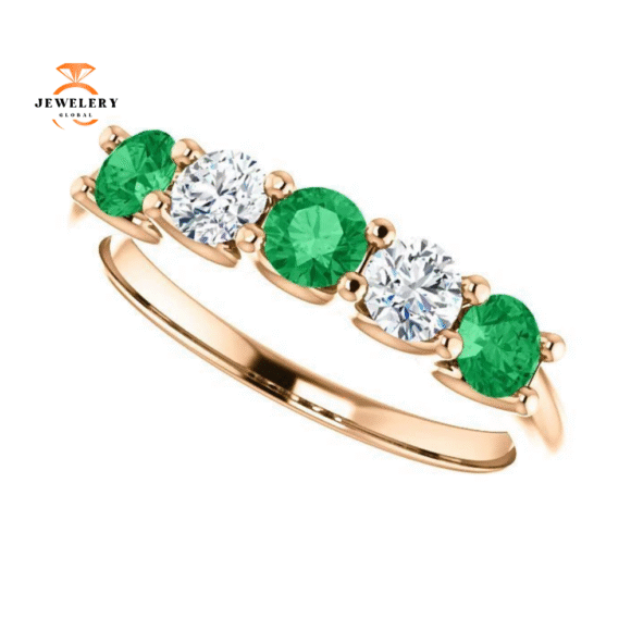 14KT GOLD 0.50 CTW EMERALD & 0.45 CTW DIAMOND 5 STONE BAND - Image 5