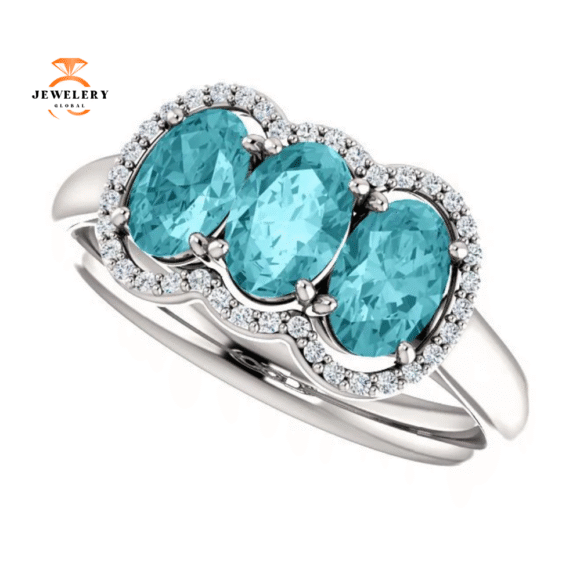 14KT GOLD 2.25 CTW BLUE ZIRCON & 0.10 CTW DIAMOND 3 STONE OVAL HALO RING - Image 5
