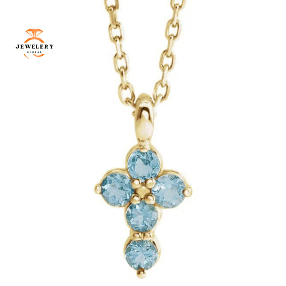 14KT GOLD AQUAMARINE PETITE CROSS PENDANT 16-18" NECKLACE - Image 2