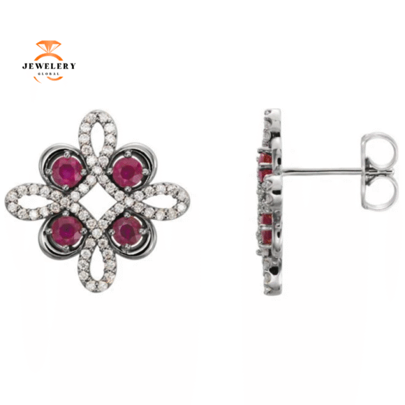 14KT GOLD RUBY & 1/4 CTW DIAMOND CLOVER EARRINGS - Image 3