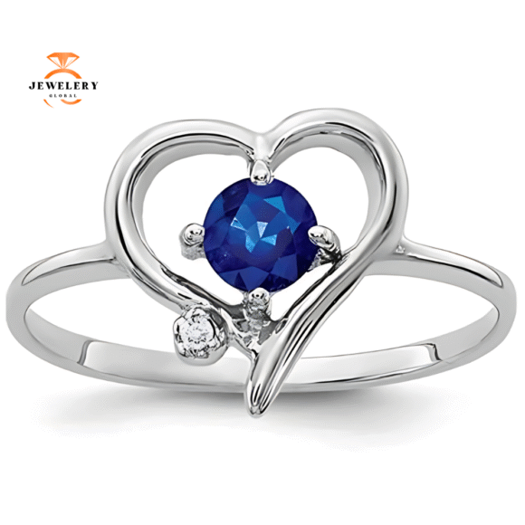 14KT WHITE GOLD 0.35 CT SAPPHIRE & DIAMOND HEART RING