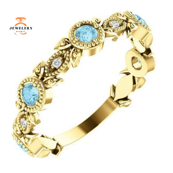 14KT GOLD 0.30 CTW AQUAMARINE & 0.03 CTW DIAMOND LEAF RING - Image 9