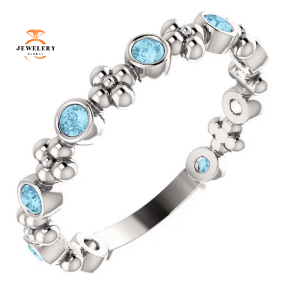 14KT GOLD 0.36 CTW ROUND AQUAMARINE BEZEL-SET BEADED FLORAL RING - Image 5