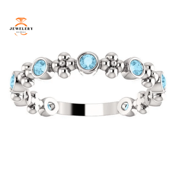 14KT GOLD 0.36 CTW ROUND AQUAMARINE BEZEL-SET BEADED FLORAL RING - Image 7