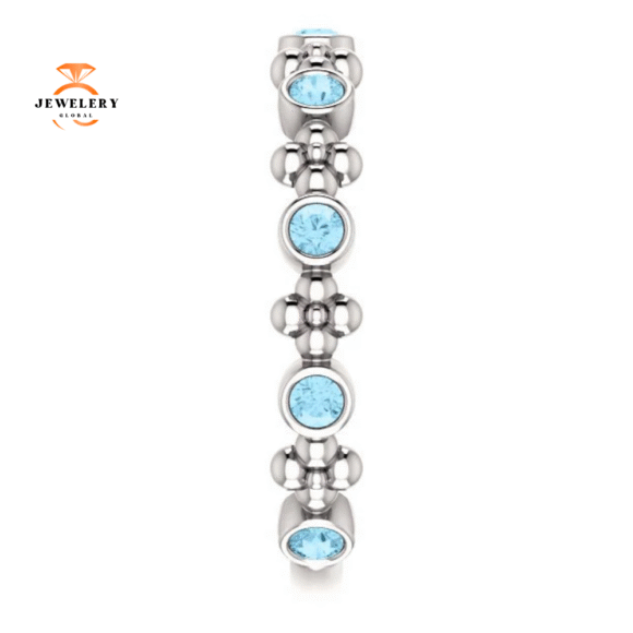 14KT GOLD 0.36 CTW ROUND AQUAMARINE BEZEL-SET BEADED FLORAL RING - Image 8