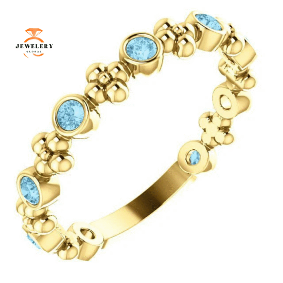 14KT GOLD 0.36 CTW ROUND AQUAMARINE BEZEL-SET BEADED FLORAL RING