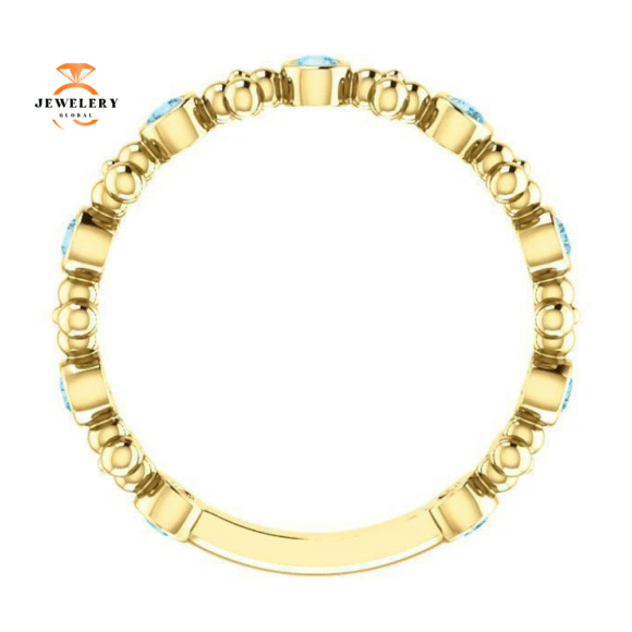 14KT GOLD 0.36 CTW ROUND AQUAMARINE BEZEL-SET BEADED FLORAL RING - Image 2