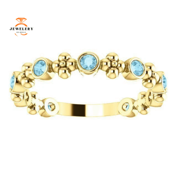 14KT GOLD 0.36 CTW ROUND AQUAMARINE BEZEL-SET BEADED FLORAL RING - Image 3