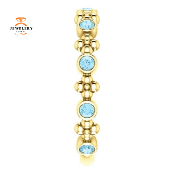 14KT GOLD 0.36 CTW ROUND AQUAMARINE BEZEL-SET BEADED FLORAL RING - Image 4